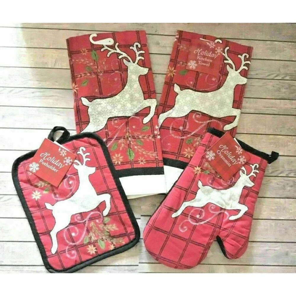 Christmas Reindeer Red Kitchen Dish Towels Potholder Oven Mitt Plaid Set of 4